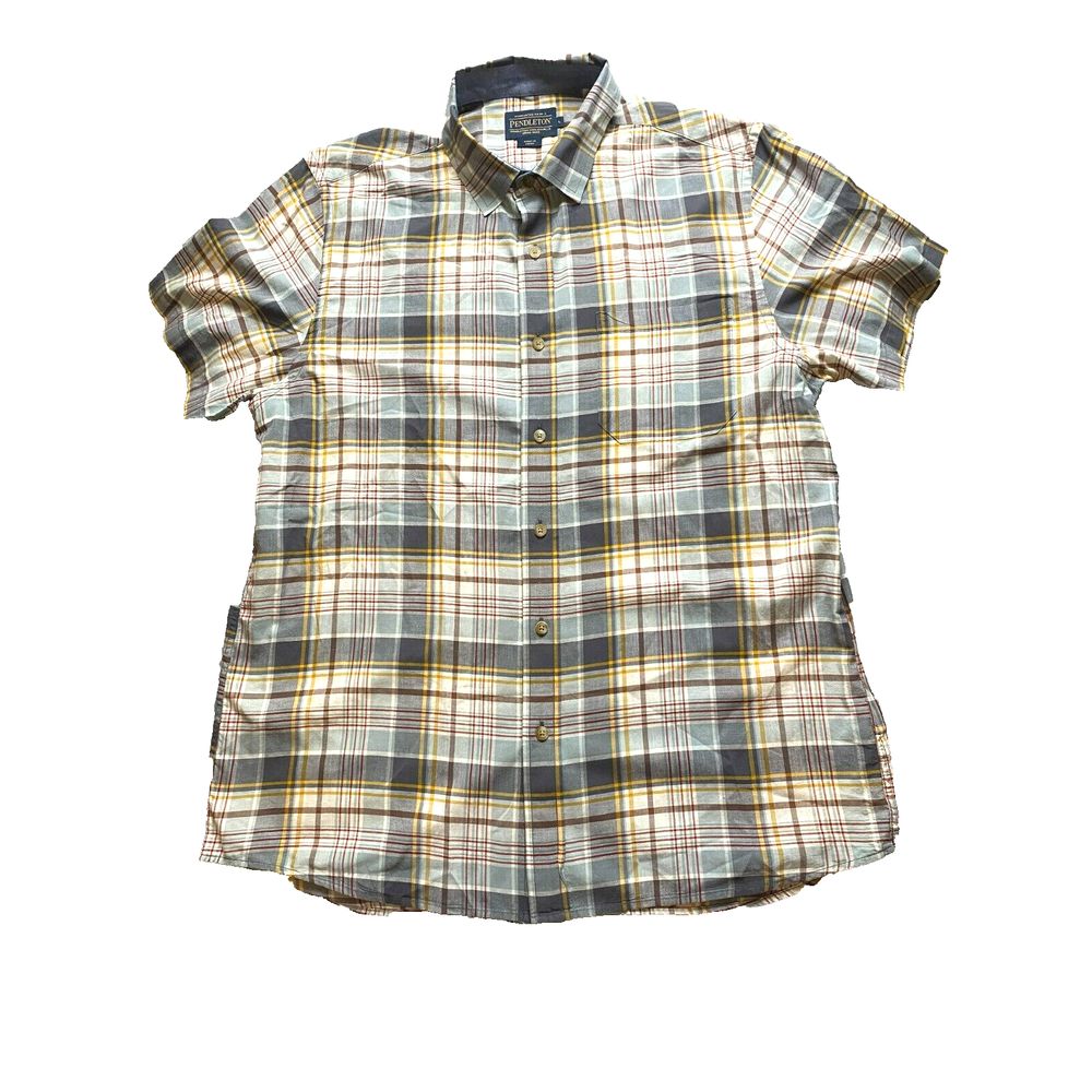 Pendleton Shirt Adult Large Gray Gold Plaid Woolen Mills Button Up Casual Mens